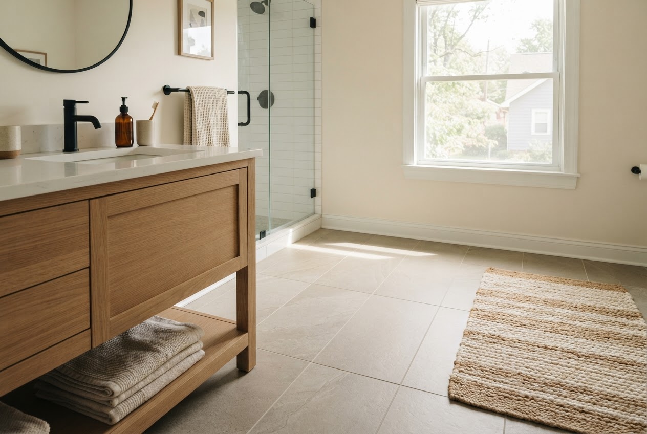 Large-format warm greige porcelain tile floor in a bright bathroom beside a wood vanity and woven bath mat