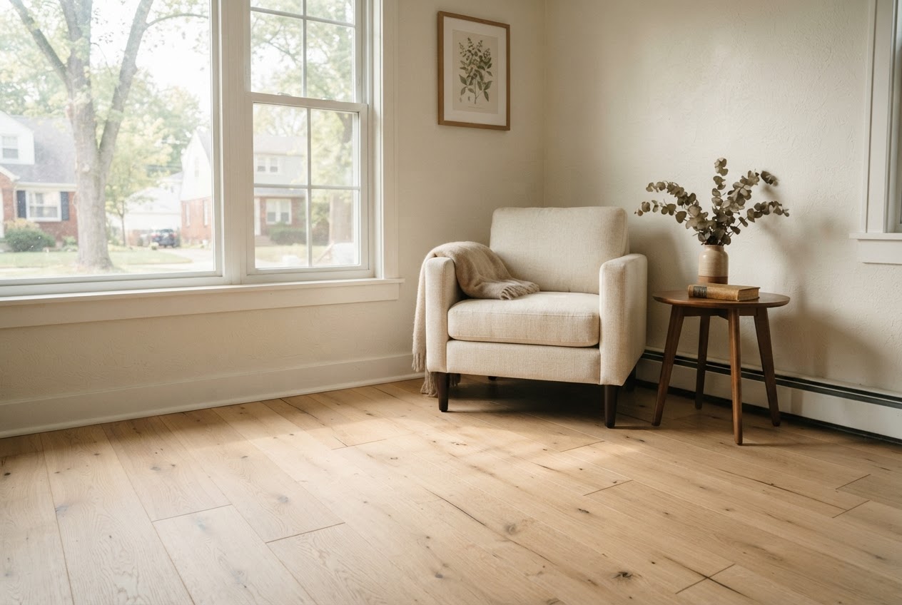 Newly installed wide-plank white oak hardwood floor in a sunlit living room corner with a cream armchair
