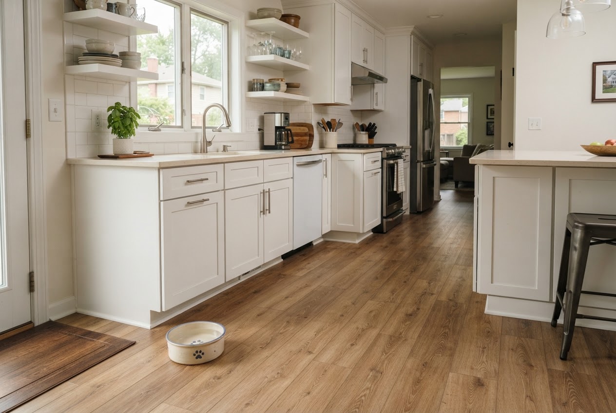 Warm wood-look luxury vinyl plank flooring in a family kitchen with white shaker cabinets and a dog water bowl