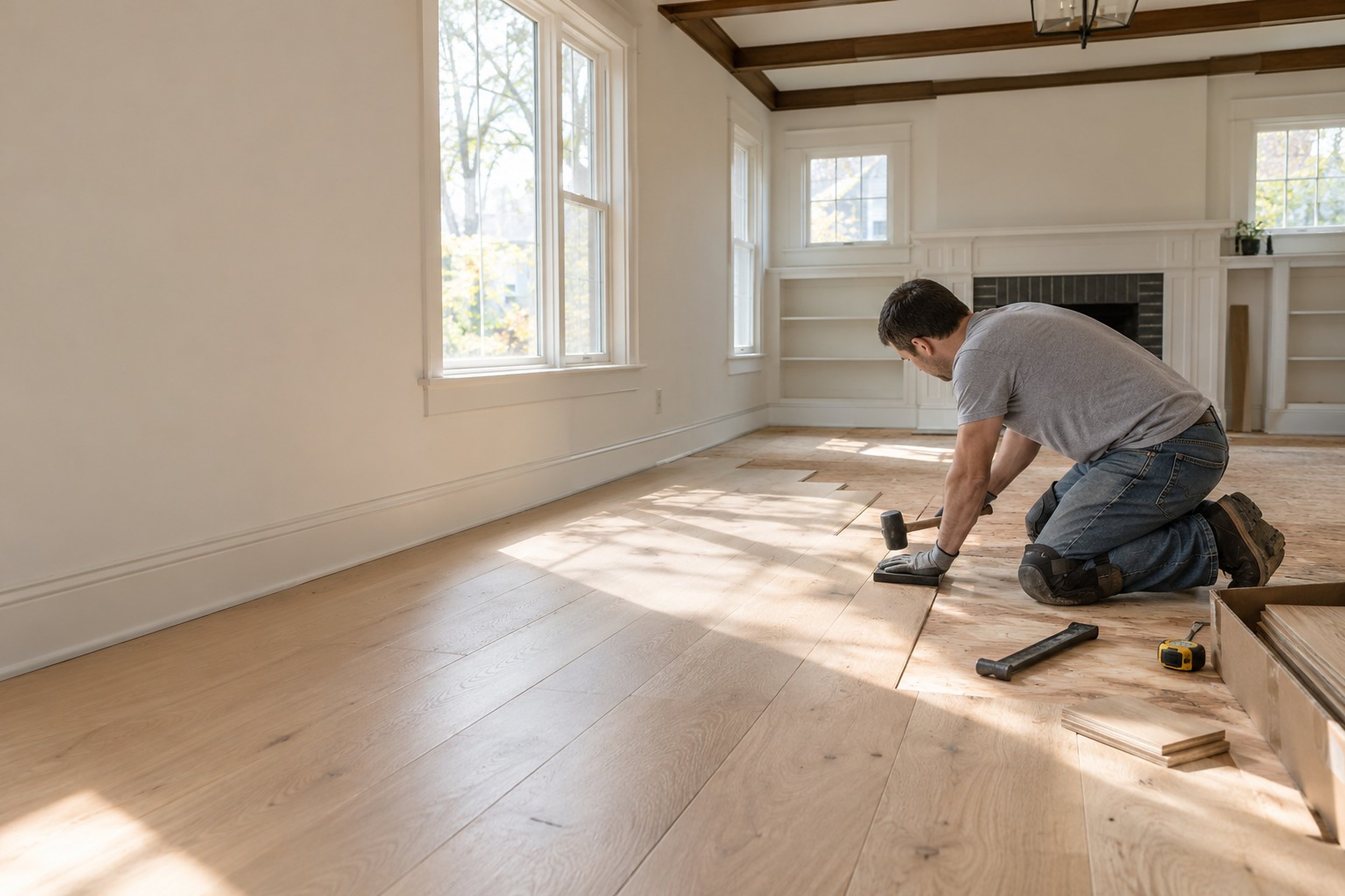 Installer tapping a new white oak plank into place in a sunlit Columbus living room