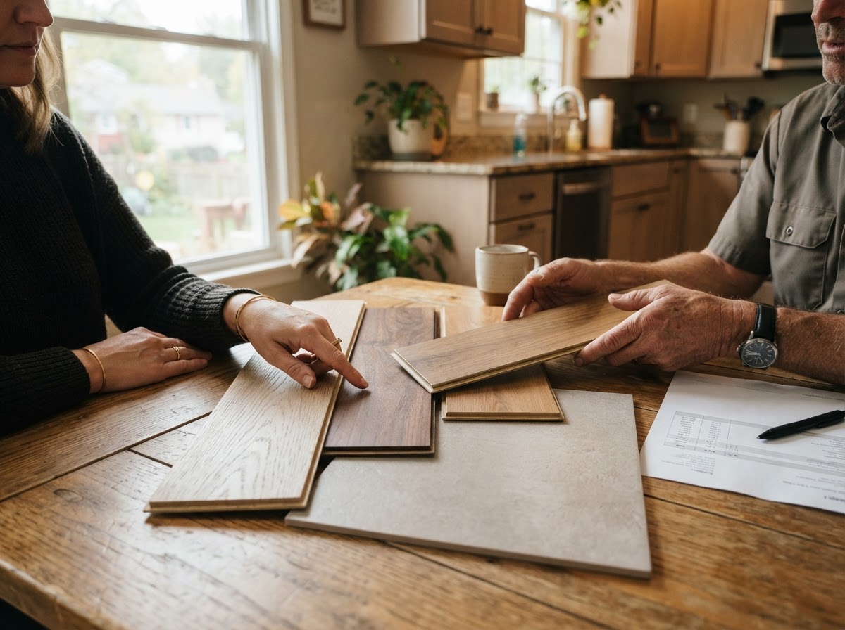 A homeowner and installer comparing white oak, walnut, LVP and porcelain tile samples spread on a kitchen table next to a printed estimate
