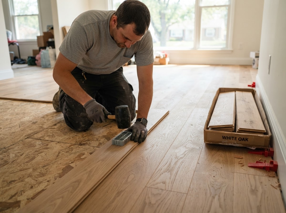 Close view of an installer tapping a white oak plank into place with a rubber mallet and tapping block in a half-finished room