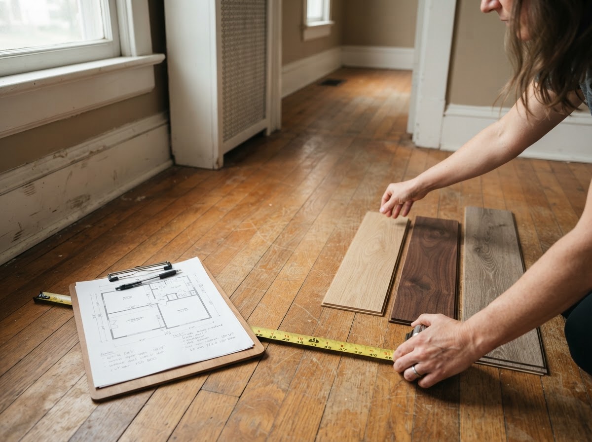 Hands stretching a tape measure across an old floor beside a clipboard with a floor plan and three flooring samples during a free in-home estimate