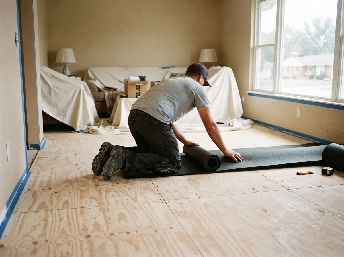 An installer in knee pads rolling out underlayment over a clean plywood subfloor, with furniture covered by drop cloths and taped baseboards