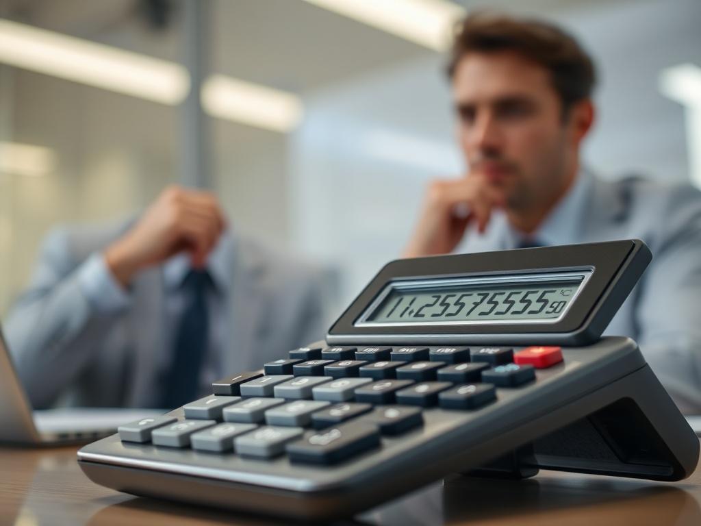 A close up shot of a calculator displaying financial figures