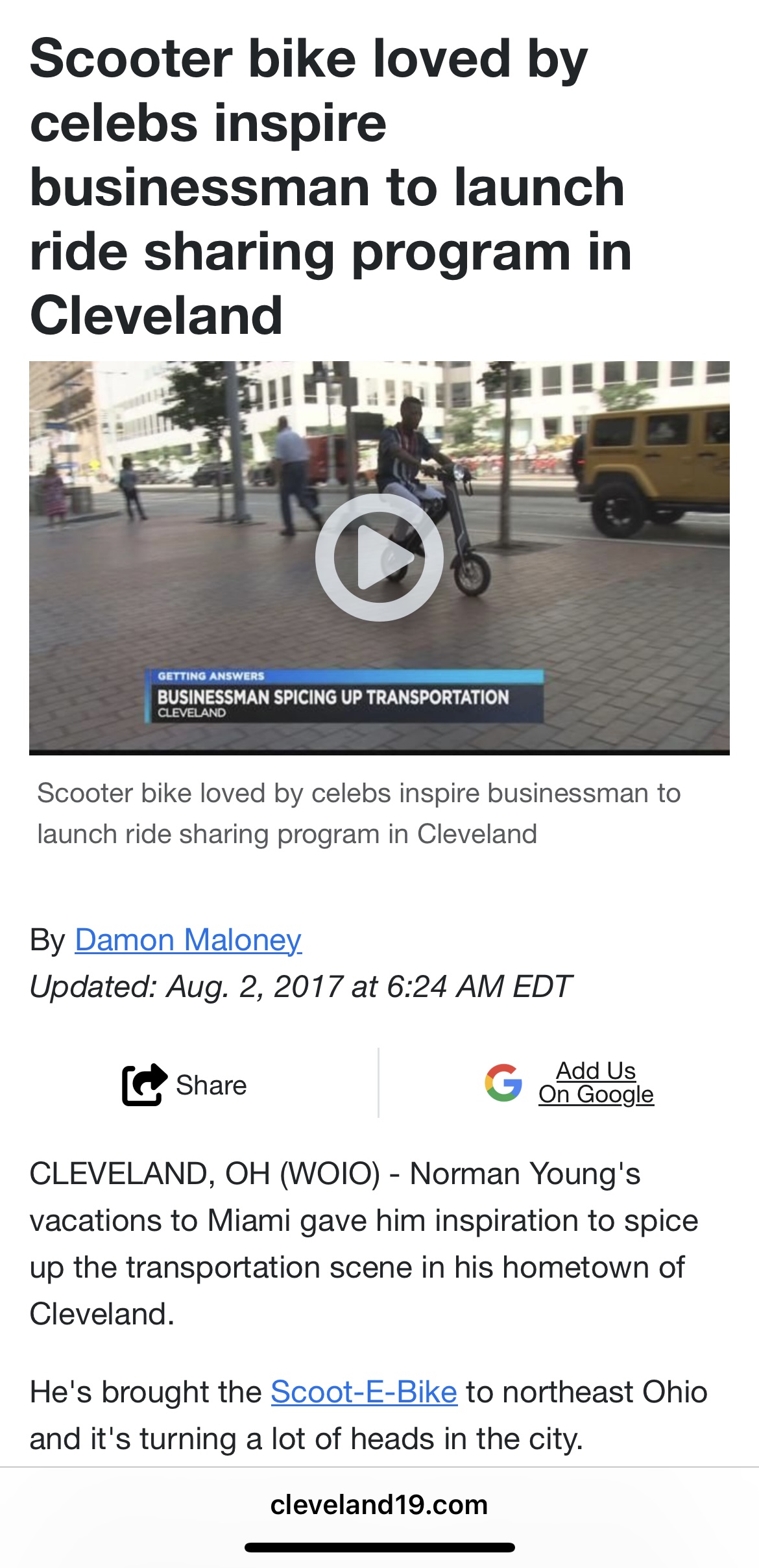 Cleveland19 News Article - Rays Scooter Bike Rental