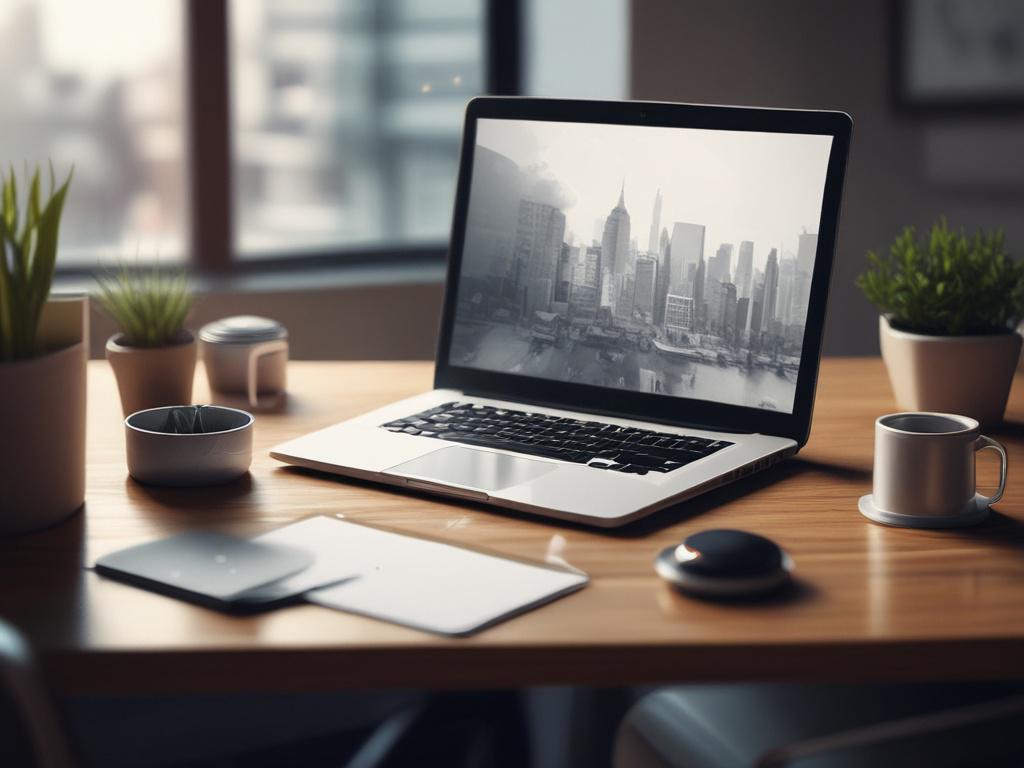 A hyper-realistic close-up shot of a modern office workspace, featuring a laptop, notepad, and a coffee cup on a desk. The background should be subtly blurred to focus on the desk setup. The lighting should be warm and inviting, enhancing the professional ambiance. The scene should reflect a modern, tech-savvy environment, suitable for a software development agency.