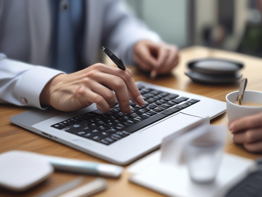 A hyper-realistic close-up shot of a person working intently on a laptop in a modern office setting. The focus is on their hands typing, with a notepad and a pen nearby. The background should reveal a stylish office space with soft lighting, creating a professional yet inviting atmosphere.