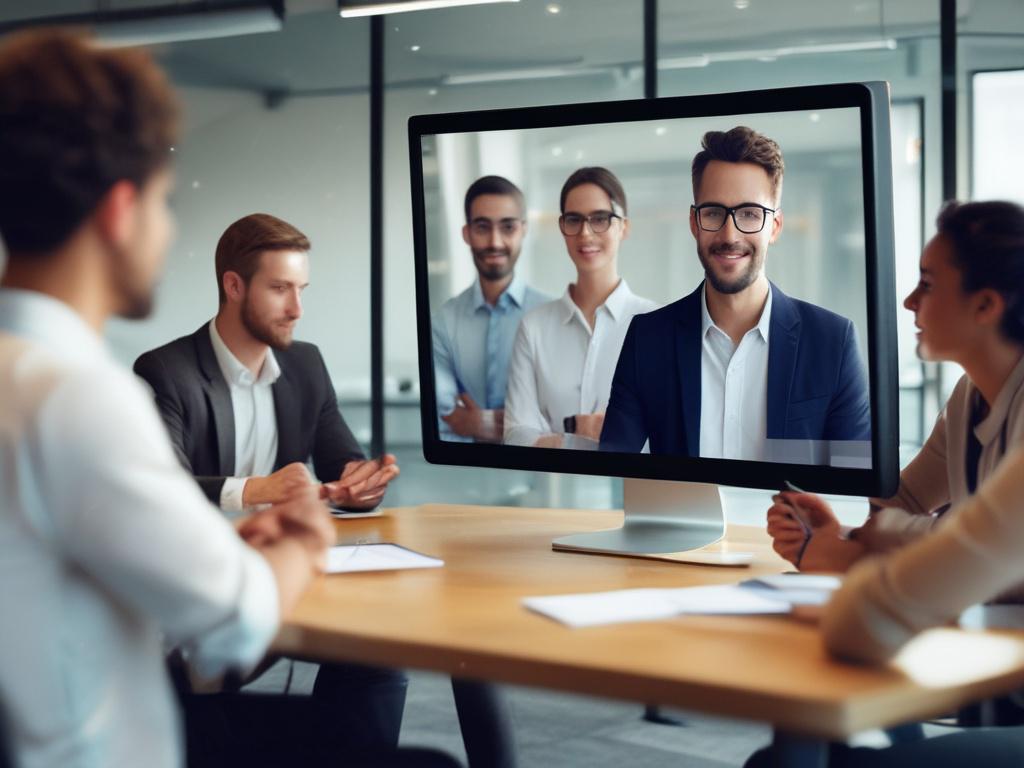 A hyper-realistic close-up shot of a team meeting in a modern conference room. One individual is presenting on a screen while others actively engage. The background should feature a sleek, professional environment with large windows allowing natural light, emphasizing collaboration and innovation.