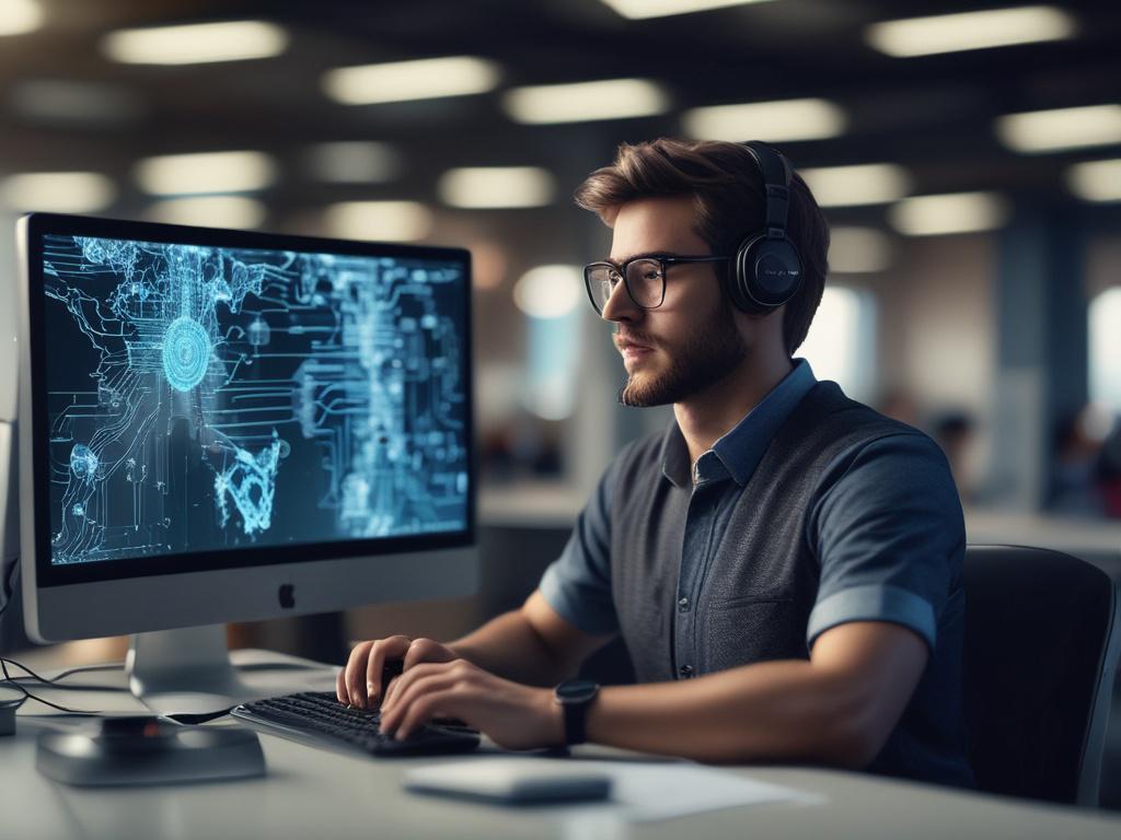 A hyper-realistic close-up shot of a software developer working on a computer, focused on coding an AI chatbot. The background is a modern office space with soft lighting and tech gadgets. The developer is a middle-aged individual with glasses, surrounded by dual monitors displaying code and design interfaces. The colors in the image harmoniously blend with an earthy palette, incorporating the rgb(193, 153, 87) primary color scheme.
