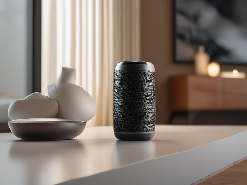 A hyper-realistic close-up of a sleek smart speaker with a glowing interface, set against a contemporary living room backdrop. The focus is on the speaker, showcasing its modern design, while the background hints at a cozy environment. The color palette includes rgb(193, 153, 87) to maintain brand consistency. The image is captured with a 45mm f/1.2 lens to create a soft blur around the edges.