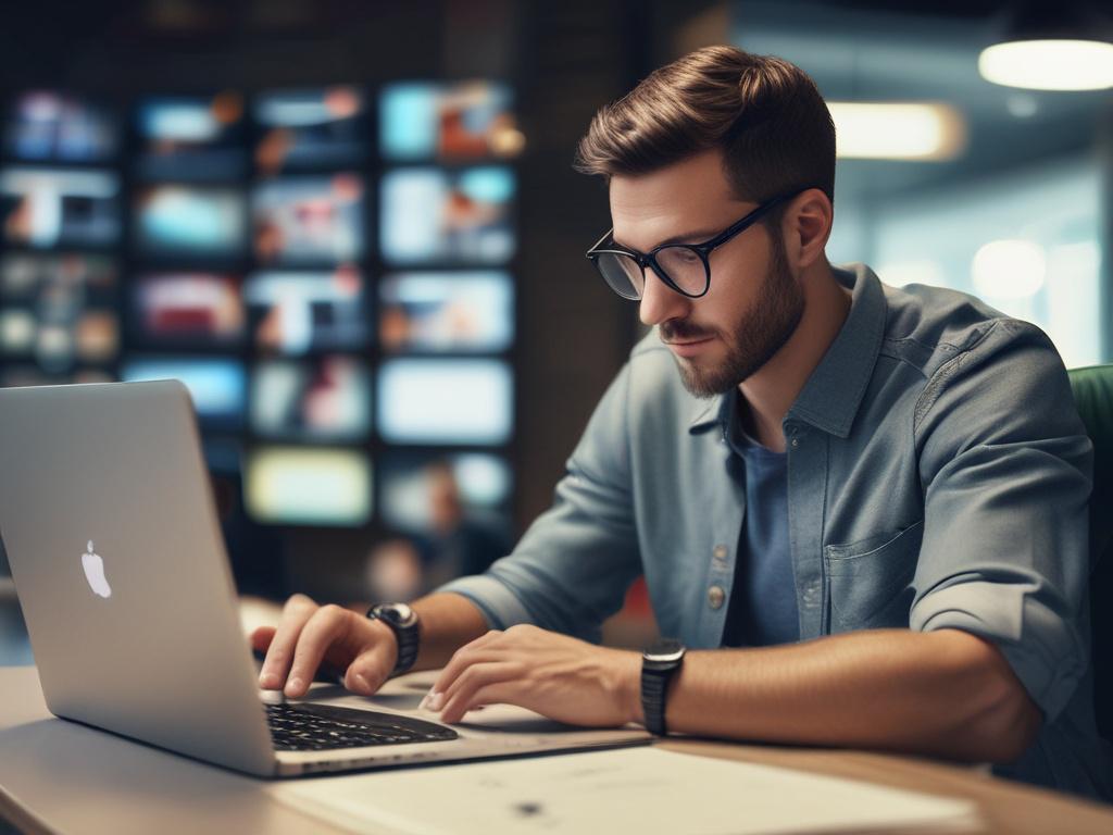 A close-up shot of a focused marketing strategist working on a laptop, analyzing social media ad metrics on the screen. The background is softly blurred to emphasize the subject and the vibrant colors of the data visualizations. The setting is modern and professional, with warm lighting. The image style is hyper-realistic, shot with a 45mm f/1.2 lens.