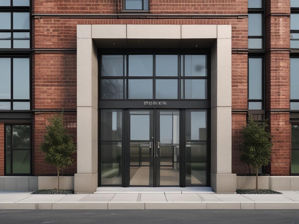 A hyper-realistic close-up shot of a beautifully designed front elevation of a modern building, featuring stylish elements such as custom CNC gates and nameplates. The image should showcase outdoor wood and fiber panels, highlighting their texture and finish. The background should be a clean, clear sky to emphasize the building's features. The overall composition should be simple, focusing solely on the exterior design, captured with a 45mm f/1.2 lens to create a soft bokeh effect.