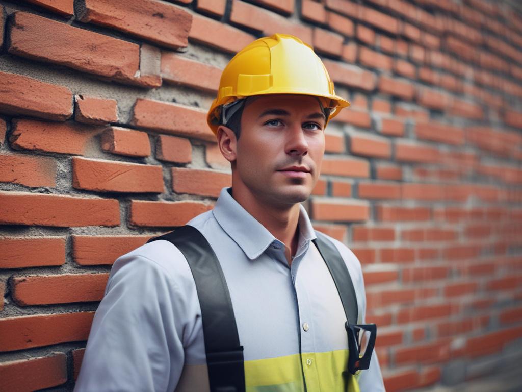 A close-up shot of a skilled construction worker wearing a hard hat and safety gear, actively laying bricks on a construction site. The background features a partially built wall, showcasing the ongoing construction work. The worker is focused and determined, capturing the essence of professionalism and reliability in the construction industry. The image should have a hyper-realistic quality, shot with a 45mm f/1.2 lens style, emphasizing the worker's actions and the details of the bricks.