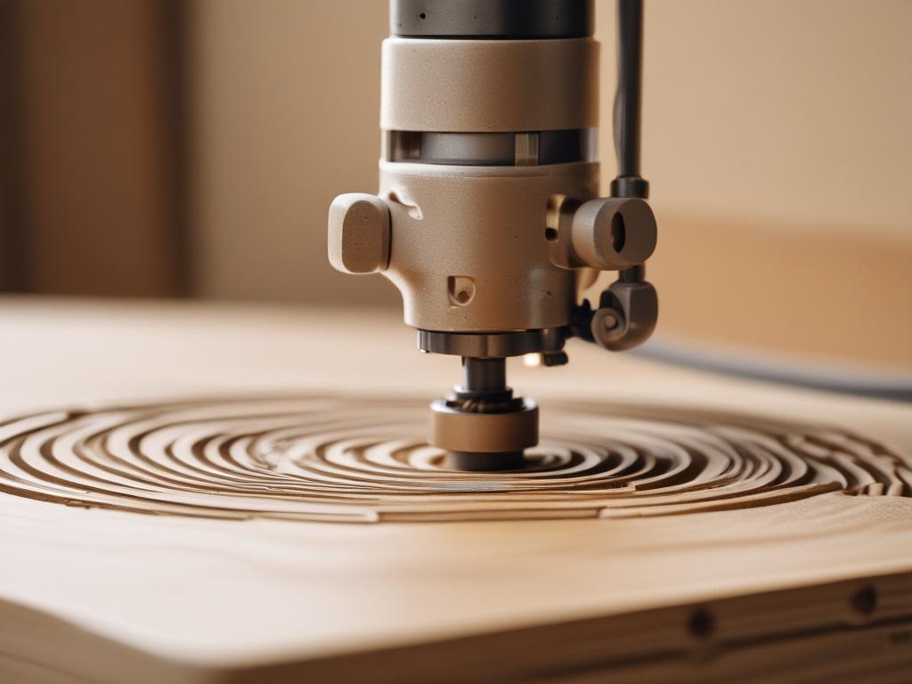 A hyper-realistic close-up shot of a CNC router machine in action, focusing on the precision wood carving process. The image should capture the intricate details of the wood being carved, showcasing the machine's advanced cutting tools and technology. The background should be softly blurred to emphasize the machine and the wood surface, using elegant neutral tones with subtle gold or blue accents. The lighting should highlight the textures of the wood and the precision of the carving, creating an inviting a
