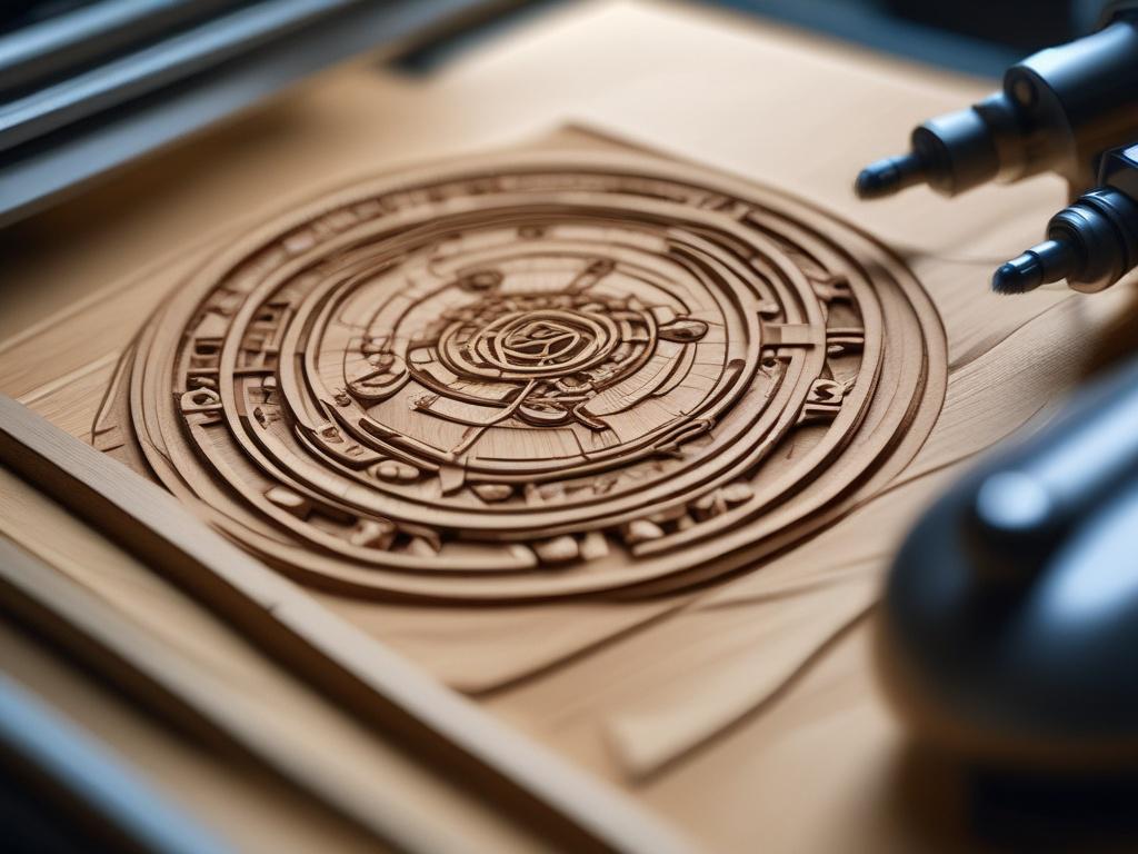 A hyper-realistic close-up image of a CNC router carving intricate 2D and 3D designs from wood. The CNC machine should be in focus, showcasing its precision and detail, with wooden shavings scattered around the base. The background should be softly blurred to emphasize the CNC router, with a warm, inviting light to highlight the craftsmanship involved in the design process. The color palette should include the primary color rgb(4, 104, 120) as an accent.