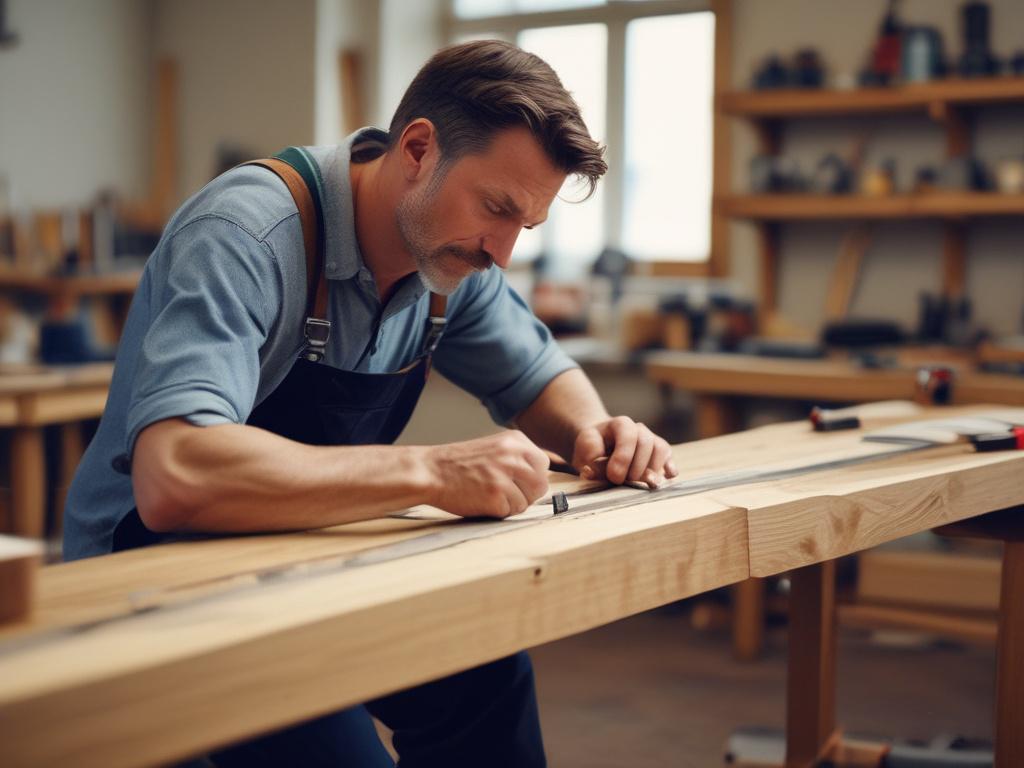 A skilled carpenter working on a custom wooden furniture piece in a bright, clean workshop. The carpenter is focused on measuring and cutting wood, showcasing precision and craftsmanship. The background features various tools and wooden materials organized neatly. The overall atmosphere is professional and inviting, highlighting the quality of the labour services provided.