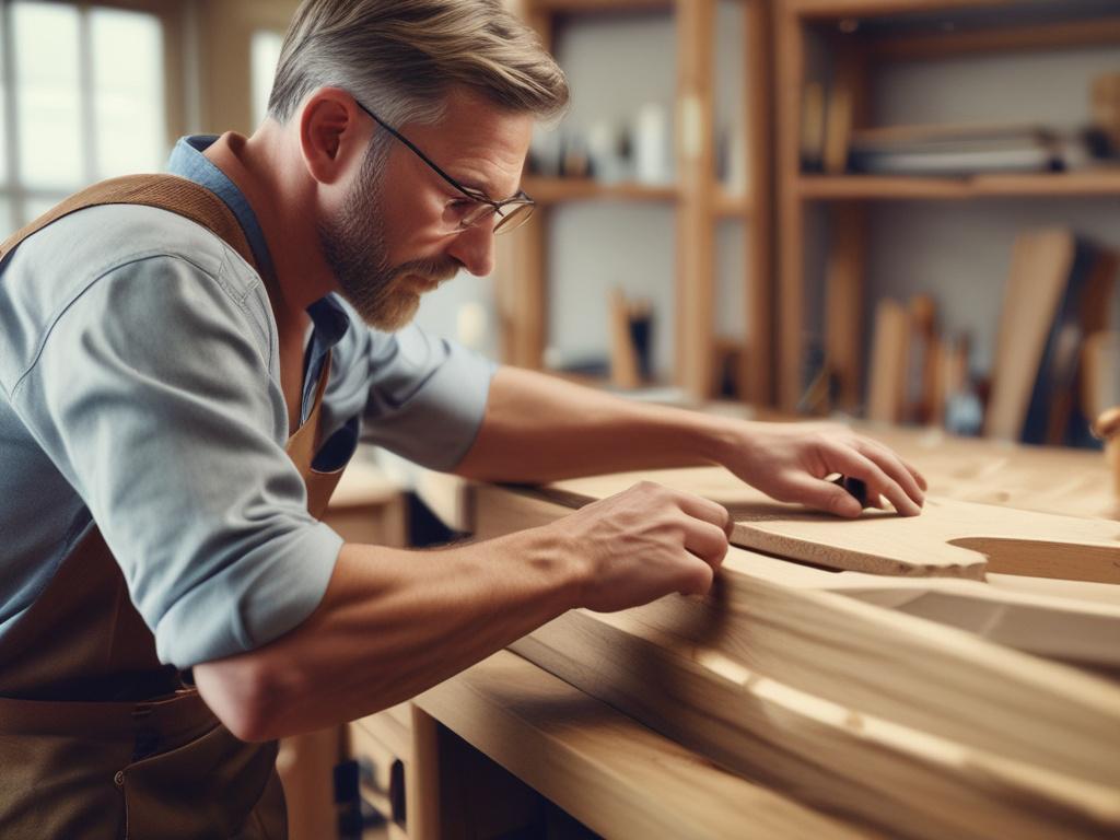 A close-up shot of a skilled carpenter crafting a custom wooden cabinet. The background is softly blurred, highlighting the intricacies of the woodwork. Natural light filters through a window, illuminating the rich grains of the wood. The carpenter is focused, using precise tools, with wood shavings scattered around. The scene conveys a warm, inviting atmosphere, showcasing craftsmanship and attention to detail.