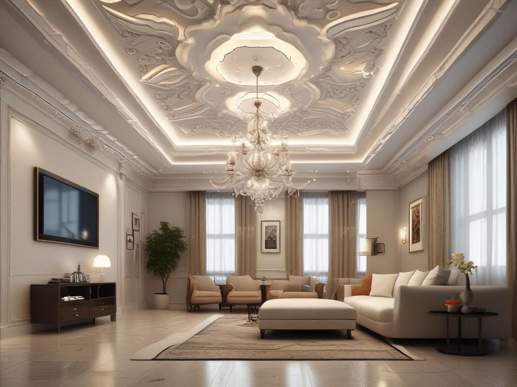 A captivating view of a modern room featuring an intricately designed false ceiling with POP accents. The ceiling showcases layered designs with elegant lighting fixtures integrated into the structure. The room is well-lit, highlighting the textures and patterns of the ceiling. The background reveals stylish furniture and decor that complement the ceiling design, creating a harmonious and sophisticated atmosphere.
