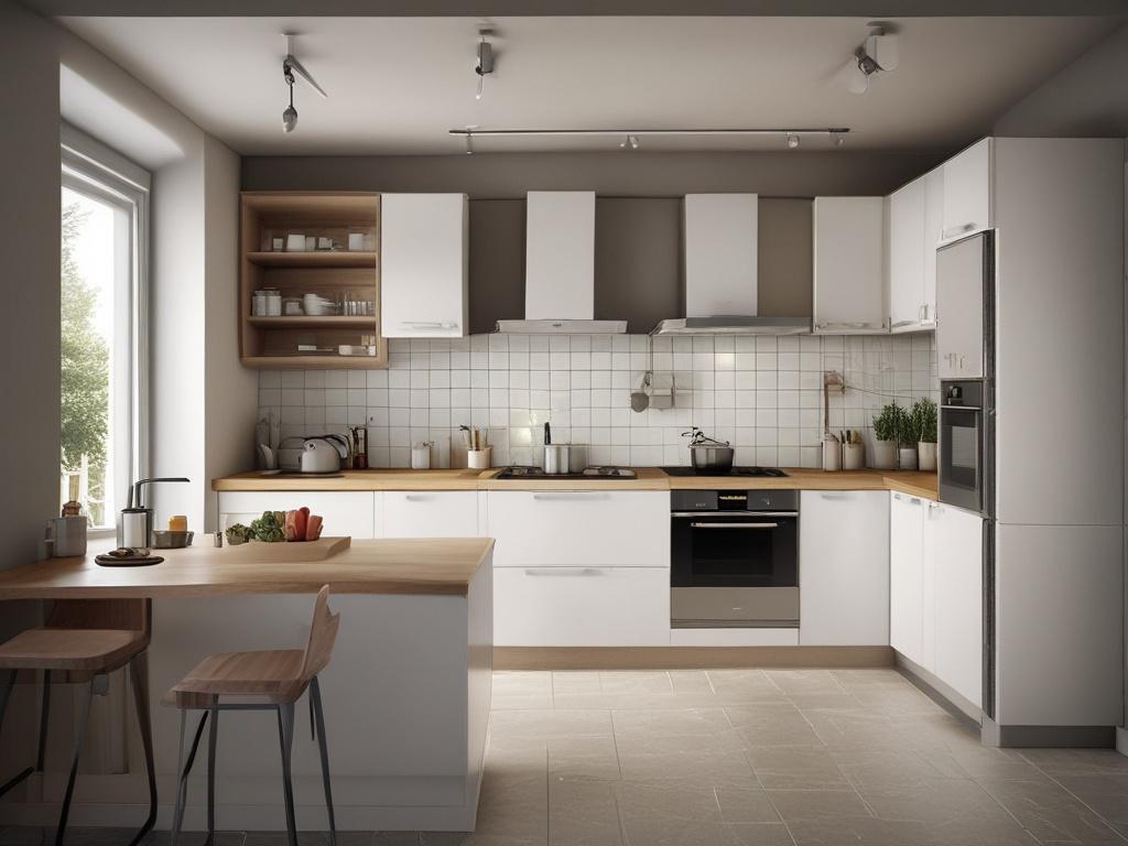 A beautifully designed modular kitchen featuring modern appliances and sleek cabinetry. The image captures the kitchen from an angle that showcases its layout, with ample counter space and organized storage. Natural light pours in through a window, highlighting the elegant materials and finishes. The kitchen is well-organized, with pots, pans, and utensils neatly arranged, creating an inviting atmosphere for cooking and entertaining.