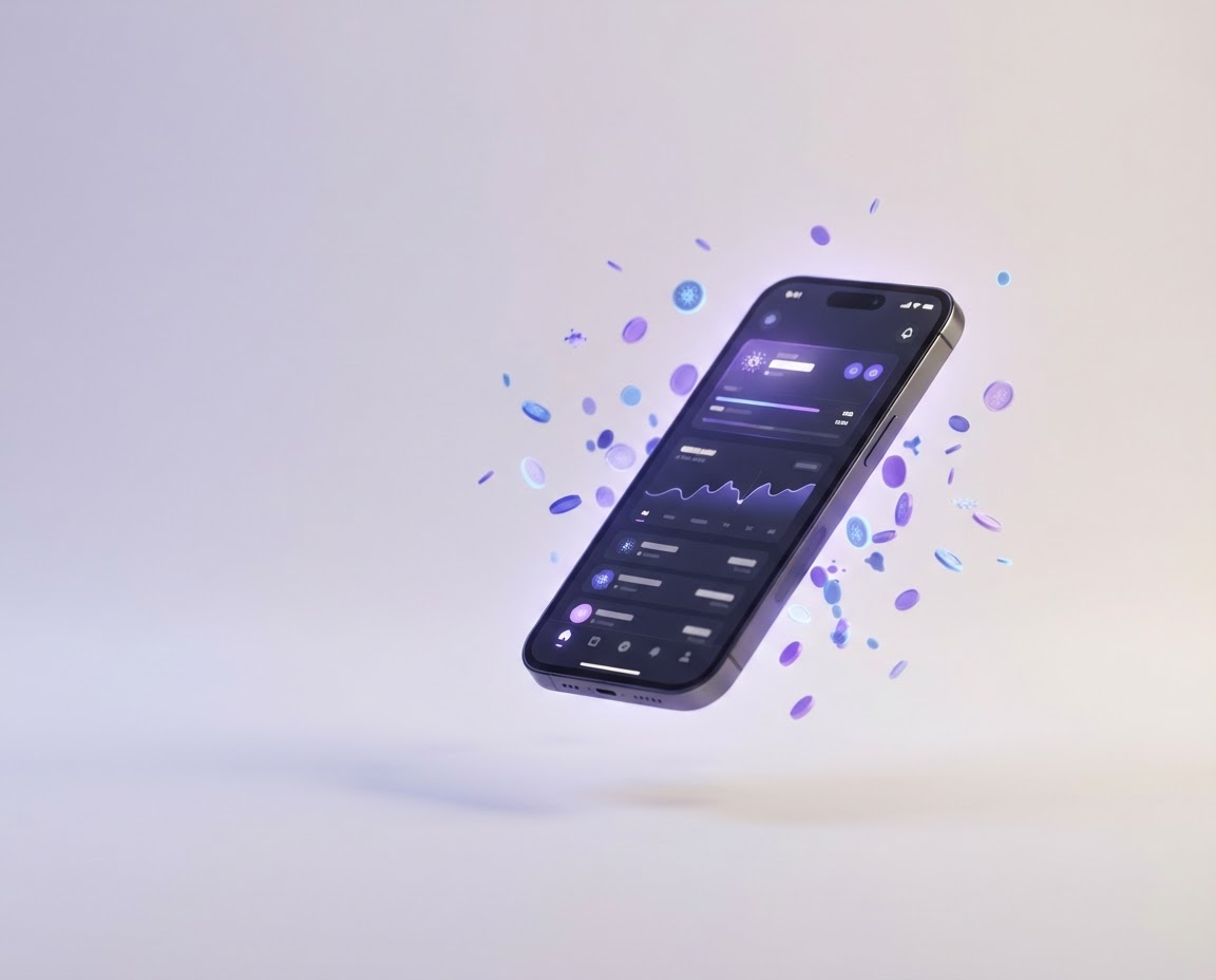 Dark smartphone wallet floating among softly glowing digital tokens