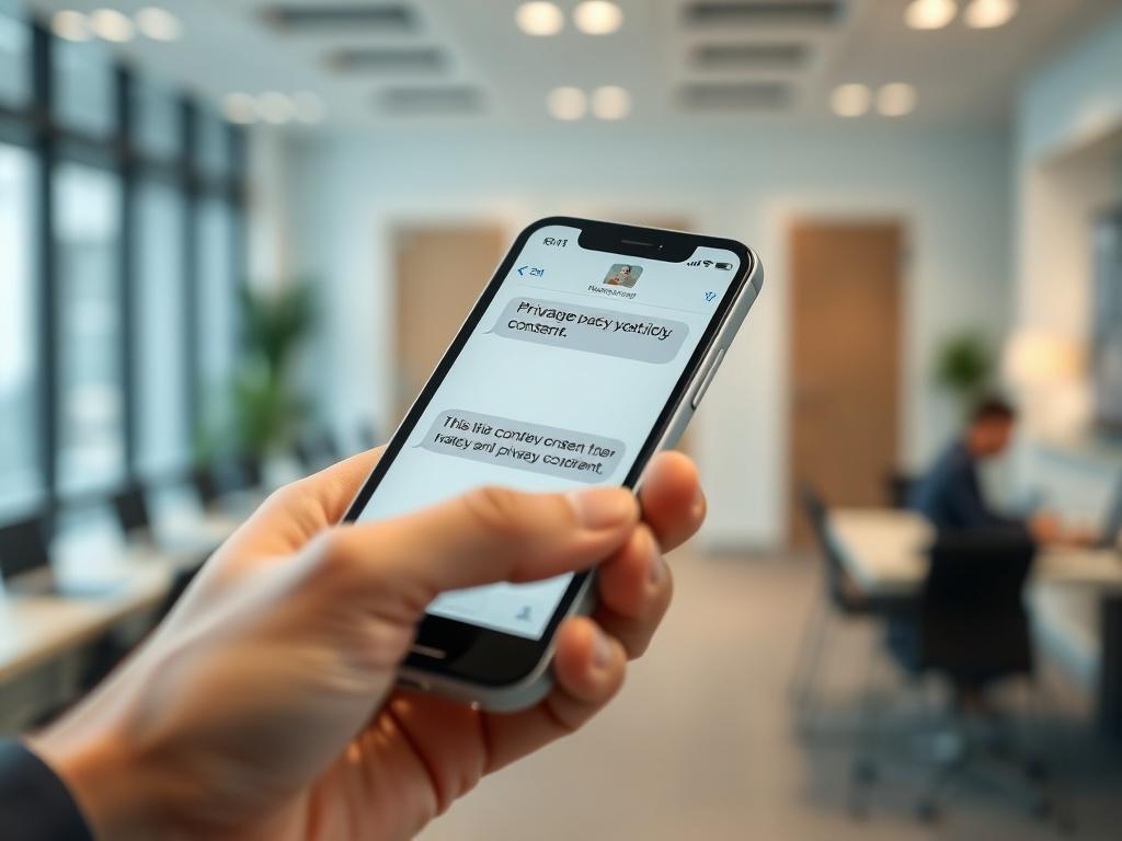A close-up shot of a smartphone displaying a text message conversation about privacy policy. The phone is held in a hand, with a blurred background of an office setting. The message bubbles should be clearly visible, emphasizing privacy and consent. The overall tone should convey professionalism and trust, with a focus on the smartphone and the text messages. The color palette should harmonize with the #136A5C primary color scheme.