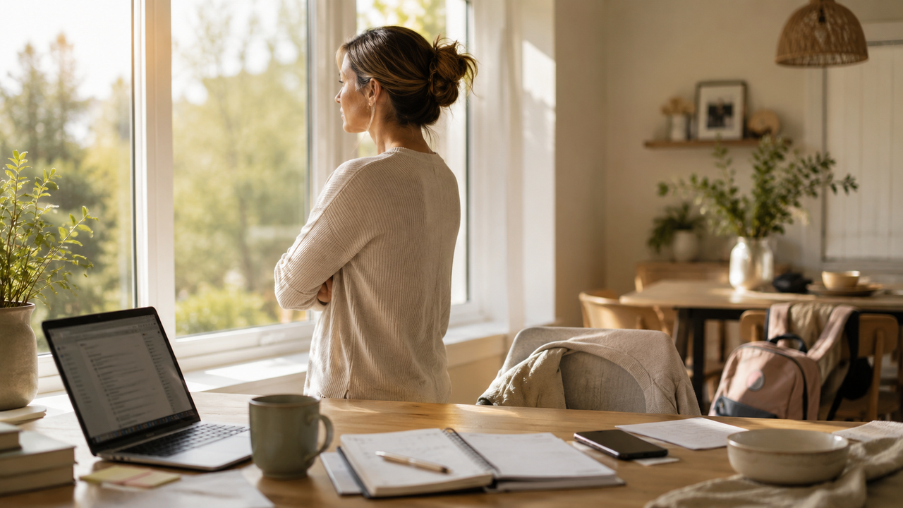 Woman standing thoughtfully by a window reflecting on people-pleasing behaviors and good girl syndrome while balancing work and family responsibilities.