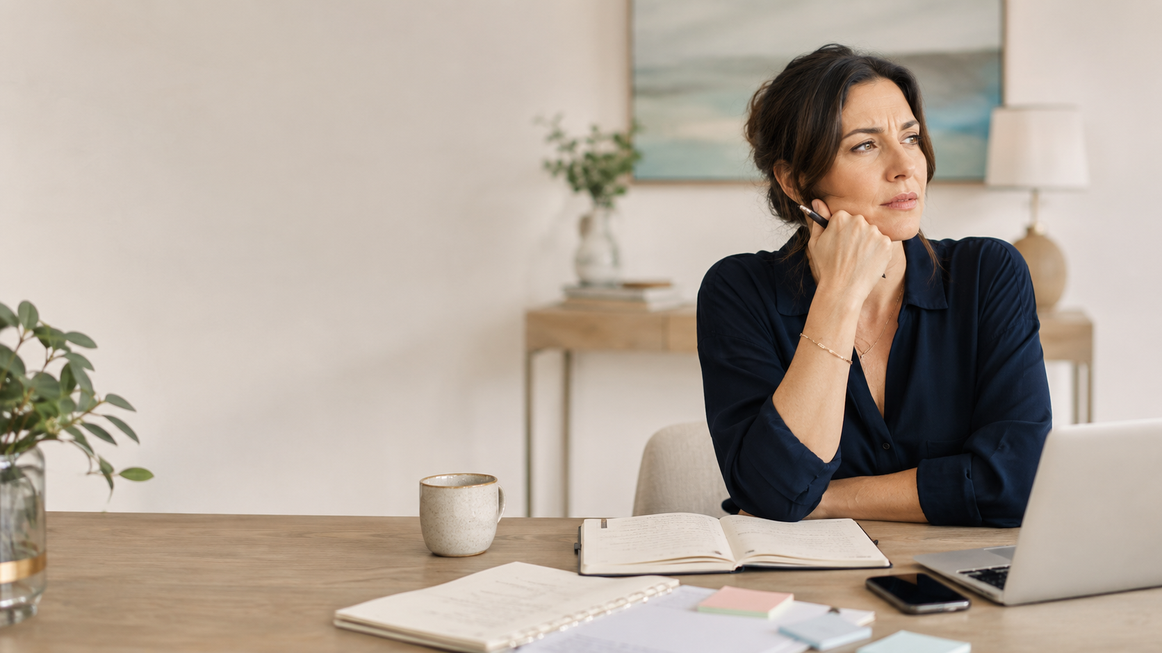 Woman reflecting on why she self-sabotages while journaling at a desk, symbolizing mindset coaching, emotional healing, and personal transformation.