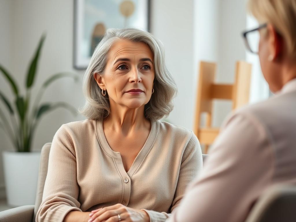 A close-up shot of a woman in her mid-40s, sitting comfortably in a serene office setting, looking engaged and thoughtful as she discusses her goals with a coach. The background is softly blurred to emphasize the woman's expressions and the warm, inviting atmosphere. The lighting is natural, creating a calm and welcoming vibe.