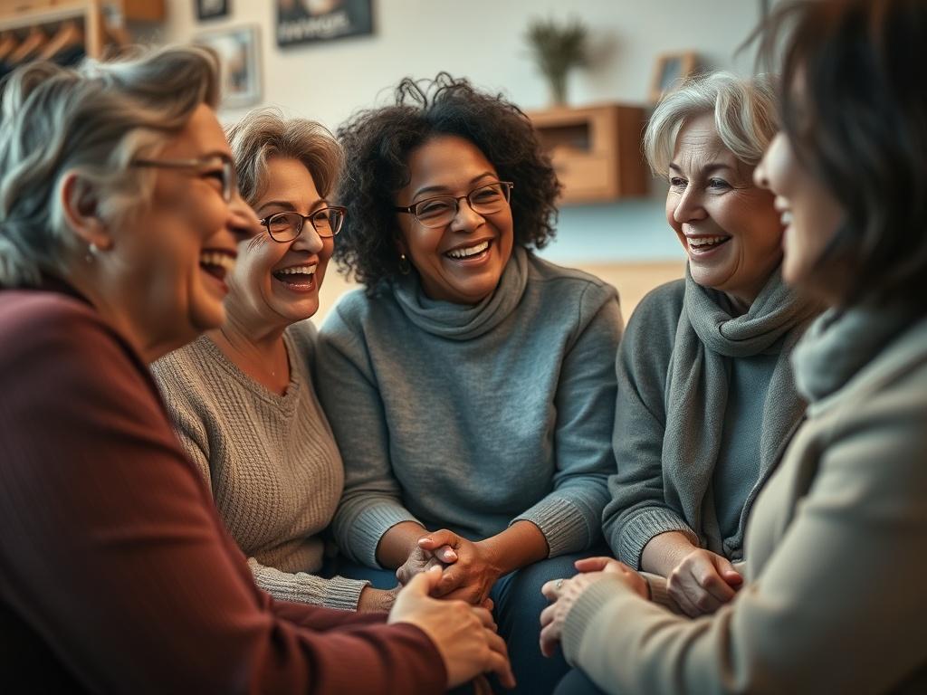 A close-up shot of a diverse group of women in their 40s and 50s, laughing and sharing stories in a cozy, welcoming environment. The setting features soft lighting, comfortable seating, and a sense of community. The image conveys warmth, connection, and the joy of rediscovering one's vitality through shared experiences.