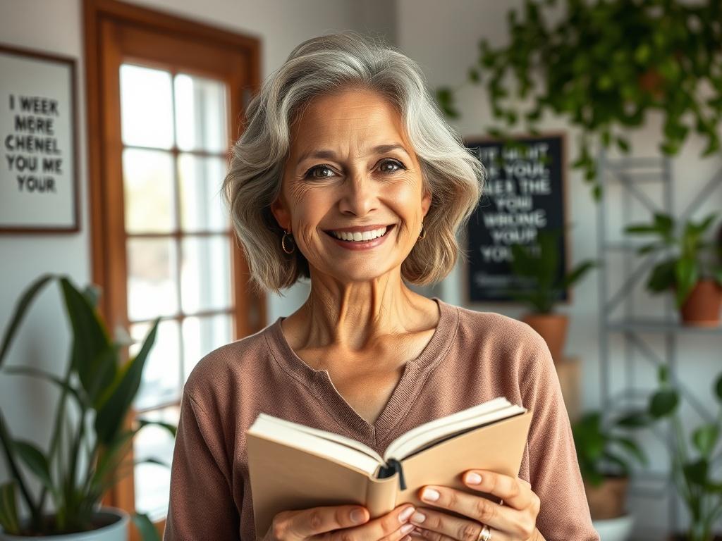 A close-up shot of a woman in her late 40s, smiling confidently in a bright, airy room filled with plants and inspirational quotes. She holds a journal in her hands, symbolizing growth and reflection. The scene captures a moment of empowerment and positivity, showcasing the essence of personal transformation.