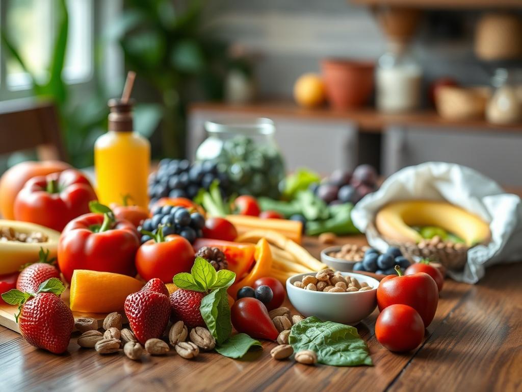 A close-up shot of a vibrant meal spread on a wooden table, featuring fresh fruits, vegetables, and nuts, symbolizing health and vitality. The background is softly blurred to focus on the meal, with natural light illuminating the colors, creating a warm and inviting atmosphere.