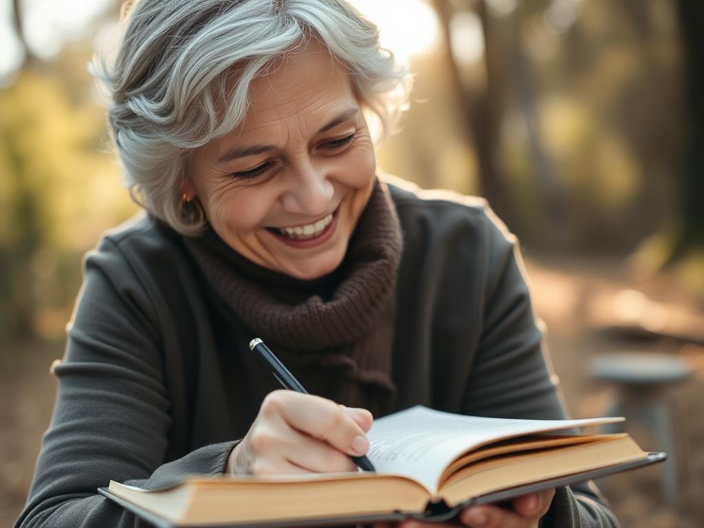 A close-up shot of a mature woman smiling and writing in her journal, surrounded by nature. The background is softly blurred, emphasizing her expression of joy and clarity. Natural light filters through the trees, enhancing the peaceful and inspiring environment.