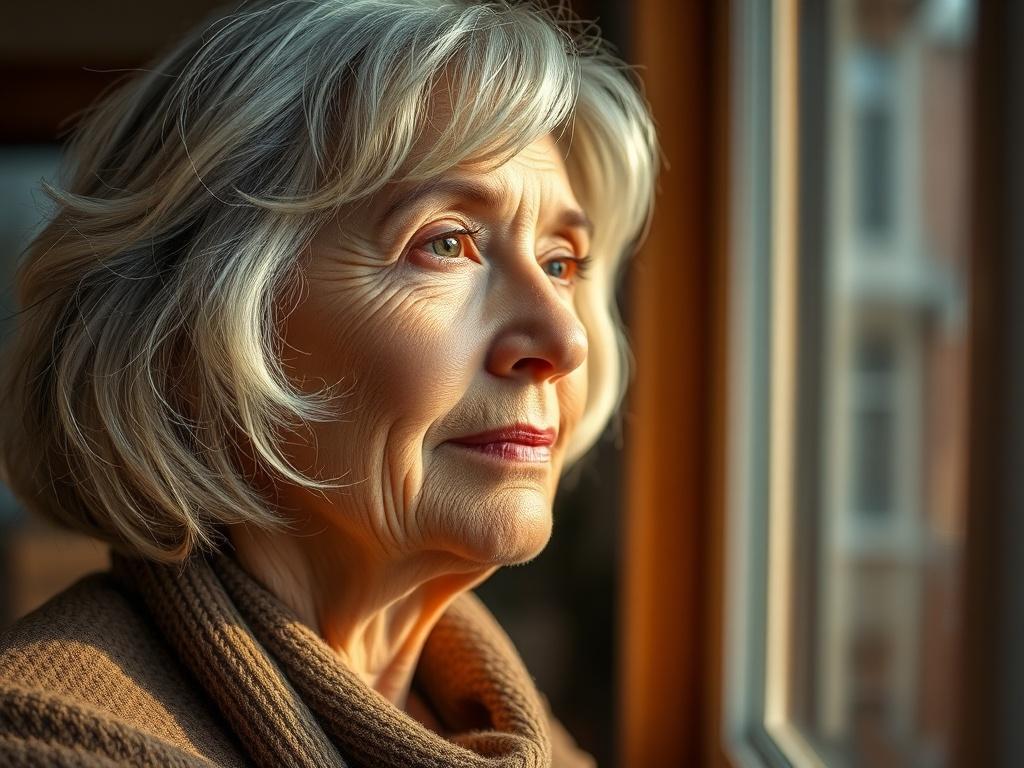 A close-up shot of a mature woman in a serene setting, looking thoughtfully out of a window, conveying a sense of reflection and determination. The background is softly blurred, enhancing the focus on her expression. The lighting is warm and inviting, suggesting a moment of inspiration and clarity.