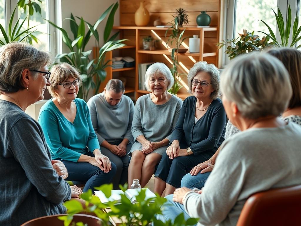A vibrant workshop setting with a diverse group of middle-aged women actively participating in discussions. They are seated in a circle, with a facilitator leading the session in an engaging manner. Natural light floods the room, highlighting their expressions of interest and camaraderie. The setting includes plants and wellness materials, creating a lively and nurturing atmosphere.