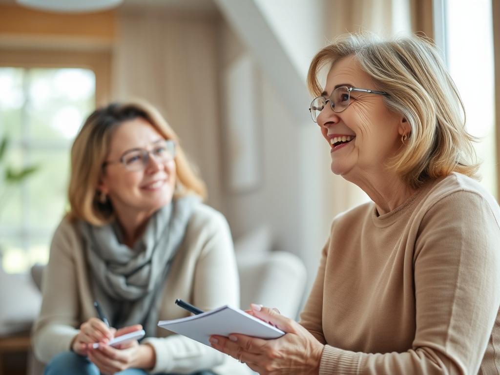 A warm, inviting coaching session scene featuring a middle-aged woman engaged in a one-on-one conversation with a coach. The coach is attentively listening and taking notes, while the woman appears inspired and empowered, with a bright smile. The background is softly blurred to emphasize their interaction, with natural light illuminating the space, creating a sense of calm and positivity.