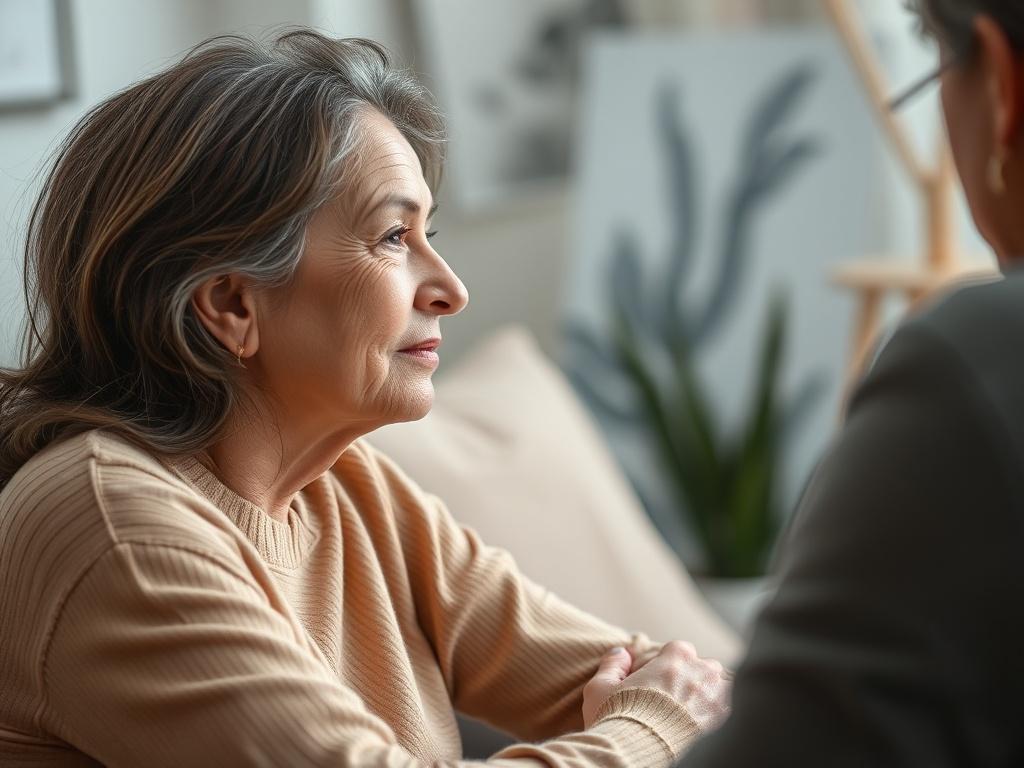 An intimate coaching session with a middle-aged woman visibly reflecting and sharing her thoughts with a coach. The atmosphere is serene, with soft lighting and comfortable seating. The woman appears engaged and hopeful, while the coach listens attentively. The background features calming elements like plants or art that evoke a sense of support and healing.