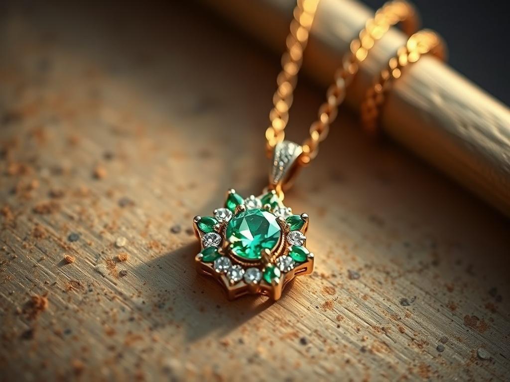 An exquisite close-up of a custom-made necklace, featuring a unique pendant adorned with sparkling diamonds and emeralds. The necklace should be elegantly draped over a textured surface, allowing the intricate details and craftsmanship to shine. The background should be softly blurred, ensuring the necklace is the focal point, while warm lighting enhances the jewelry's brilliance and allure. The composition should be simple yet sophisticated, capturing the essence of bespoke jewelry design.