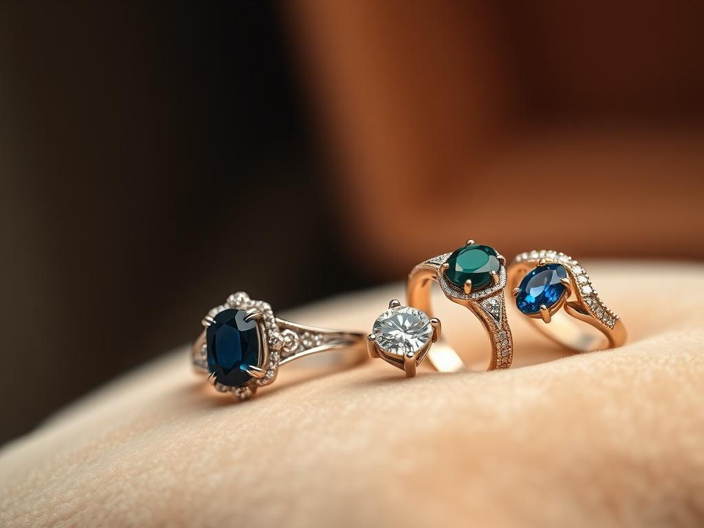 A stunning close-up shot of a collection of exclusive Italian rings displayed elegantly on a soft velvet surface. The rings should feature intricate designs, showcasing various gemstones like sapphires and diamonds, reflecting light beautifully. The background should be softly blurred, emphasizing the rings' craftsmanship and luxury, with a warm, inviting color palette. The composition should be simple and elegant, highlighting the uniqueness of each piece.