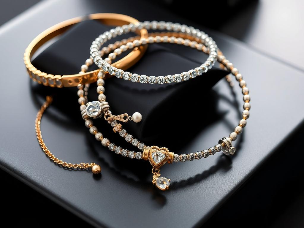 A captivating close-up of a selection of elegant bracelets, each showcasing different styles and materials, including gold, silver, and precious stones. The bracelets should be artistically arranged on a sleek, dark surface, with soft lighting highlighting their intricate details and craftsmanship. The background should be softly blurred to emphasize the bracelets. The composition should be clean and minimalistic, allowing the beauty of each piece to stand out and entice the viewer.