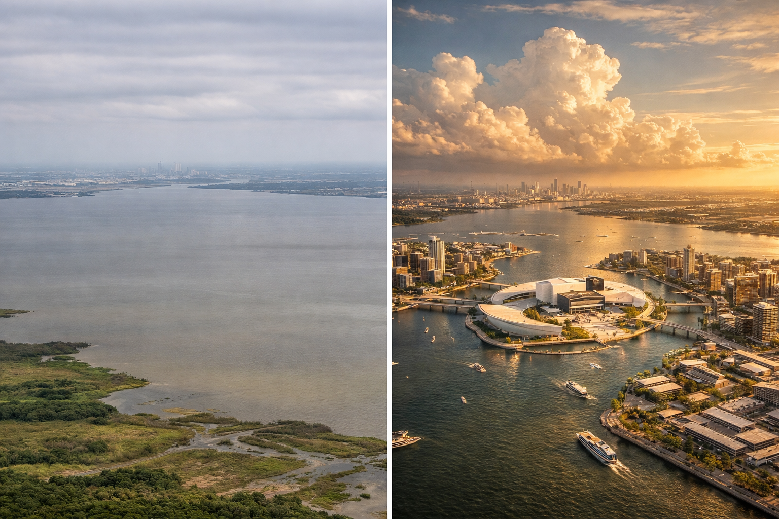 Contrast of Houston today versus Houston's progressive future transformed for the better