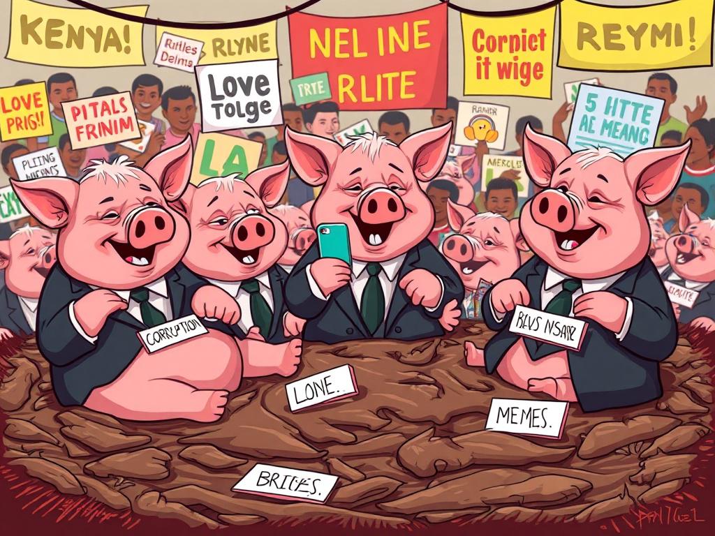 A lively scene depicting cartoon pigs creating and sharing memes
