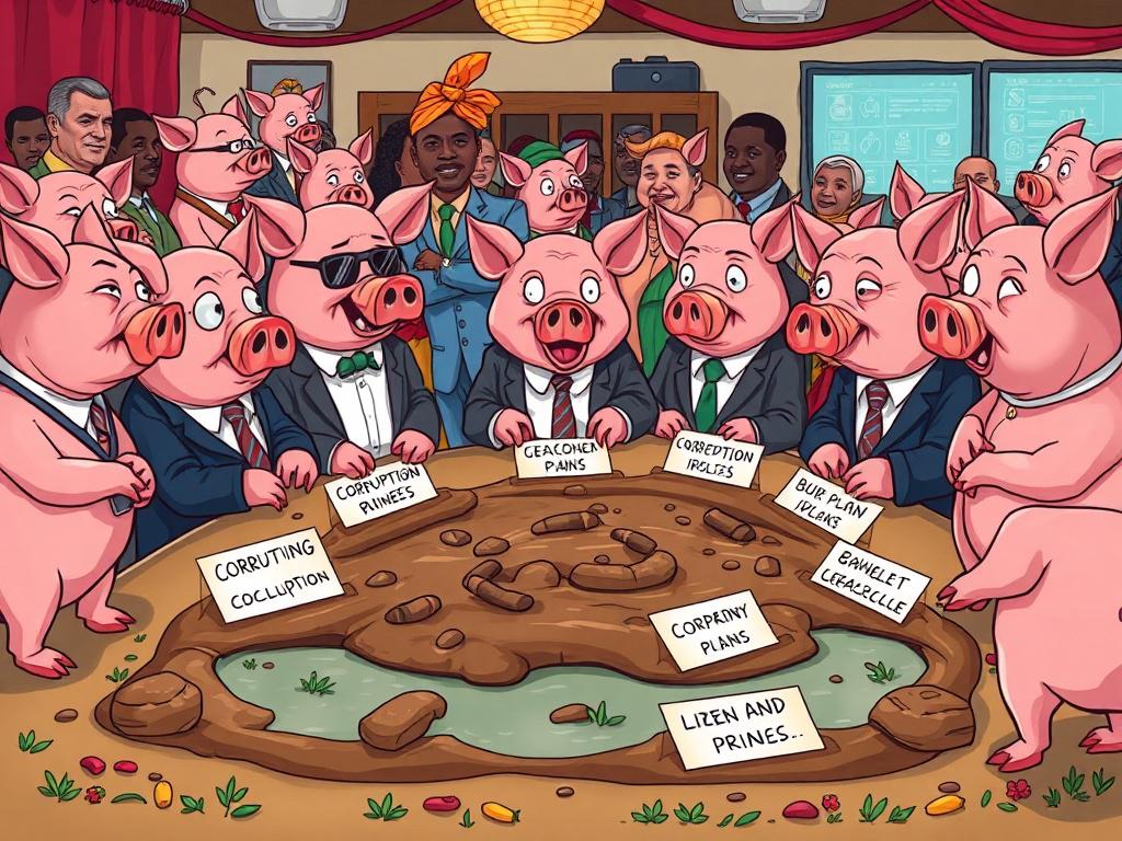 A vibrant community of cartoon pigs gathered around a table,