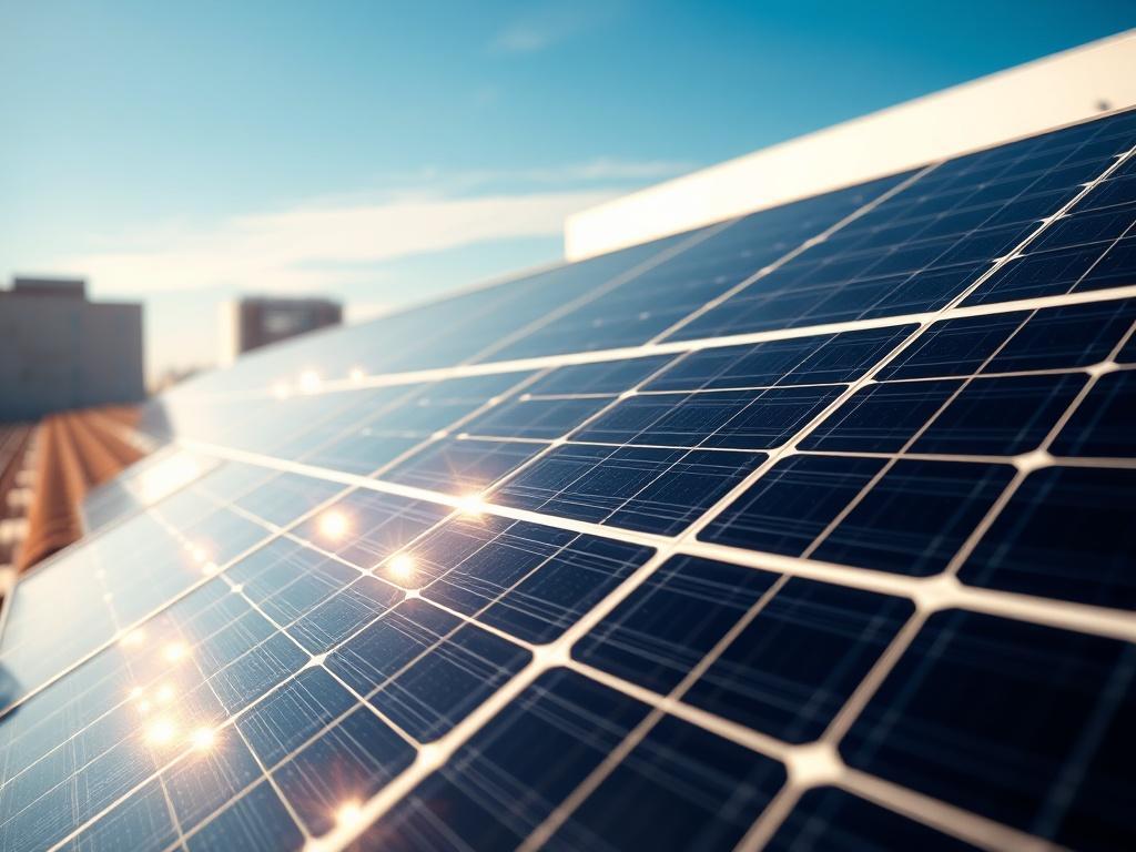 A realistic high-resolution photo showcasing a solar panel installation on a modern building rooftop during a sunny day. The composition should highlight the solar panels glistening under sunlight, with a clear blue sky in the background. The focus should be sharp on the solar panels, capturing their detail and texture, while the building should be slightly blurred to emphasize the panels. The overall mood should convey a sense of innovation and sustainability.