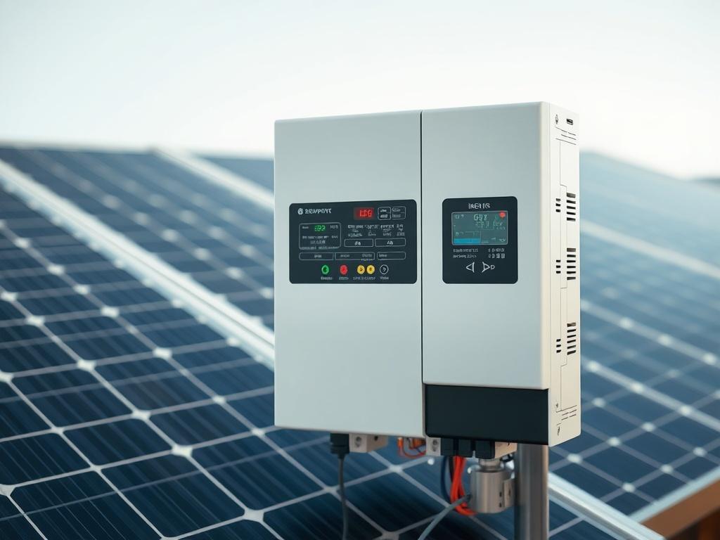 A high-resolution close-up shot of an All-in-One battery inverter for solar energy systems, showcasing its sleek design and features. The background should be subtle and clean, highlighting the inverter alongside solar panels in a well-lit environment, emphasizing the integration of technology and renewable energy. The focus should be on the inverter's interface and connections, conveying innovation and efficiency.