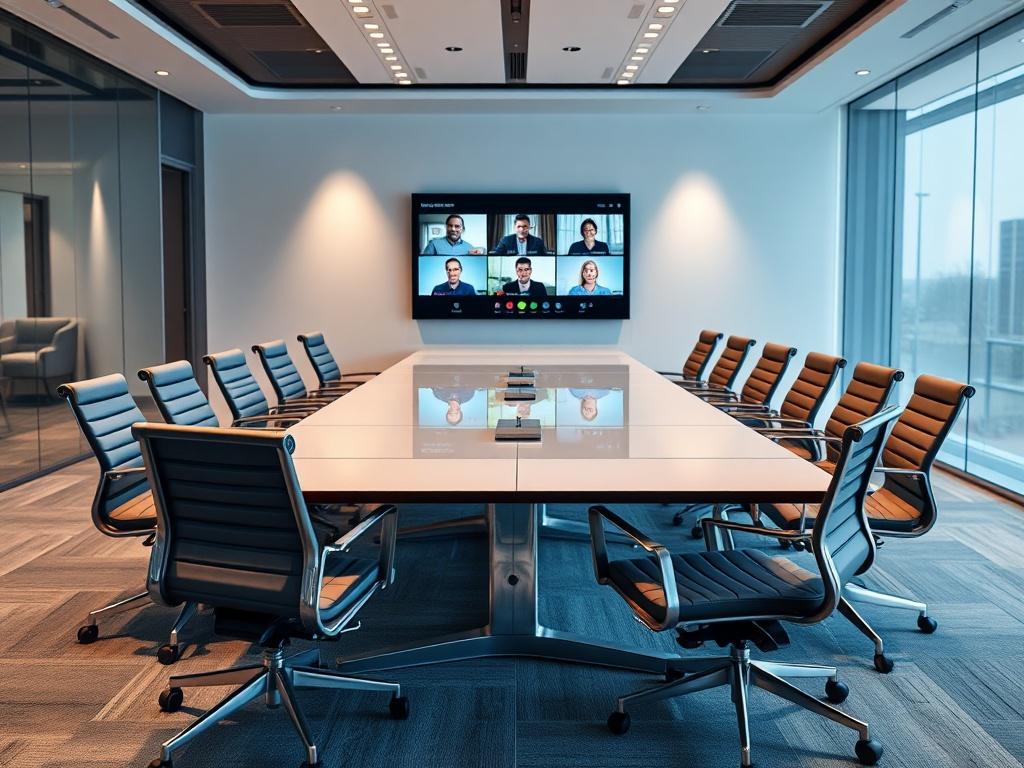 A high-resolution photo showcasing a modern conference room equipped with advanced audio-visual technology. The focus should be on a large meeting table surrounded by ergonomic chairs, with a large screen displaying a video conference interface. The background should be a sleek, professional environment with soft lighting and minimalistic design elements, emphasizing a collaborative atmosphere.