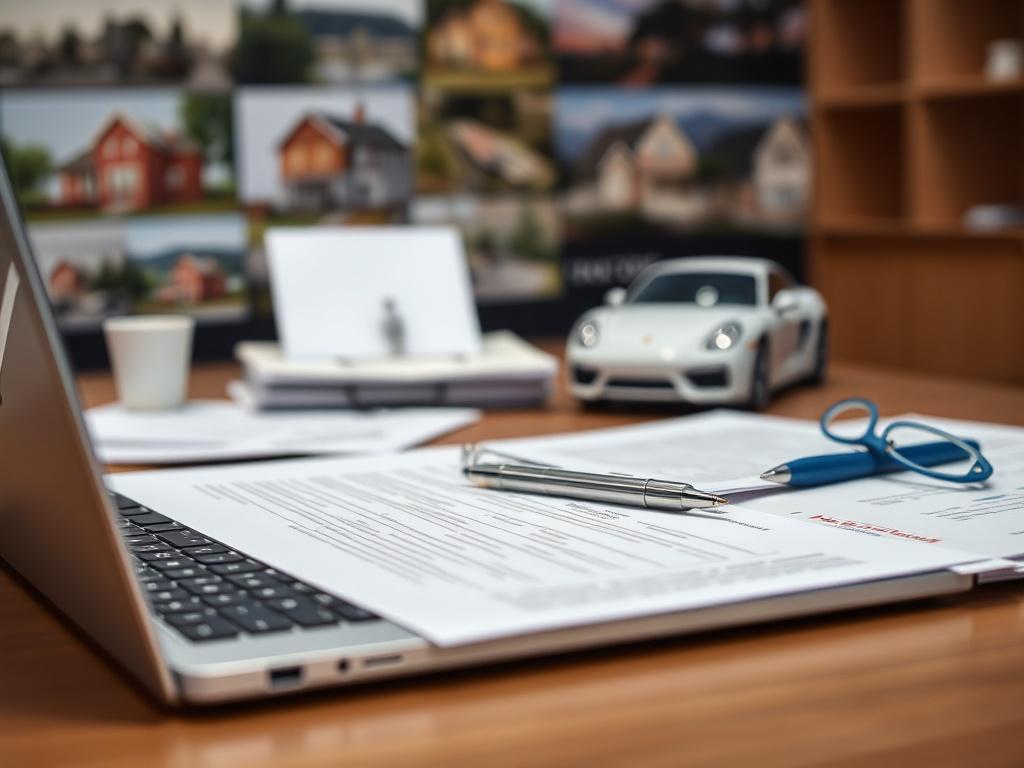 A close-up view of an insurance broker's desk with documents and a laptop open, showcasing a professional setting. The background should include elements symbolizing security and protection, such as images of homes and cars, creating a sense of trust and reliability.