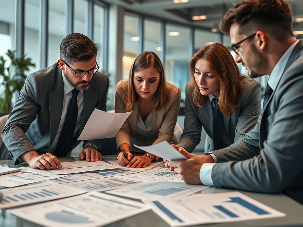 A close up shot of a business team brainstorming over