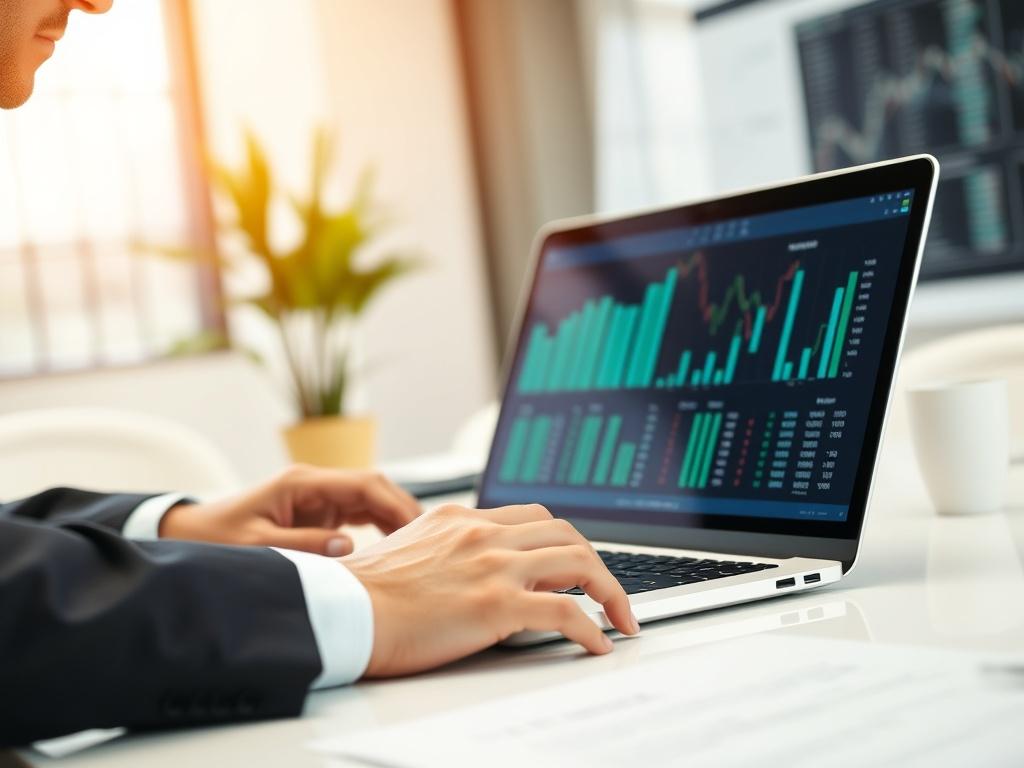 A focused shot of a financial analyst reviewing commercial receivables on a laptop in a bright office, with financial charts in the background.