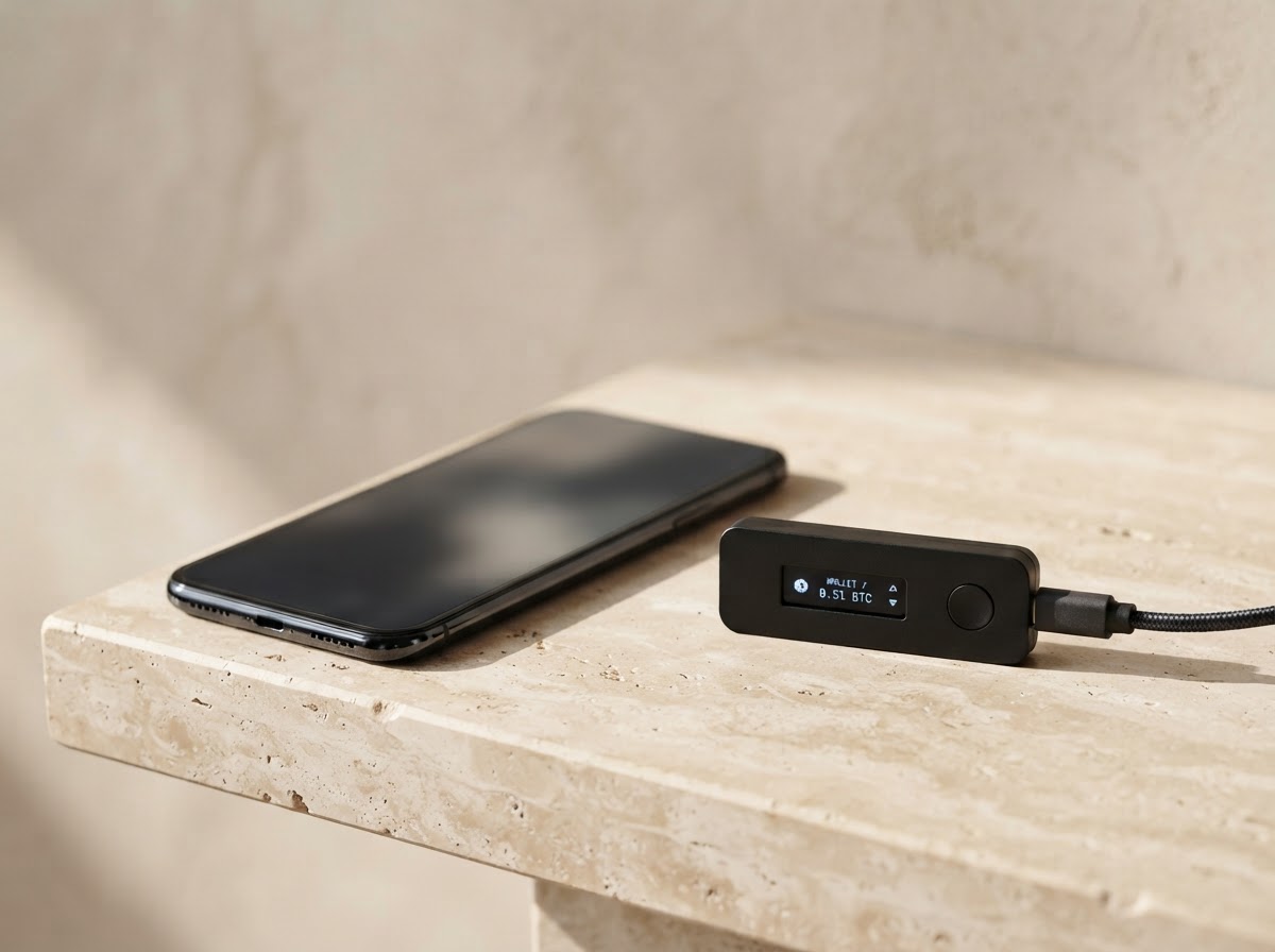 A hardware wallet and smartphone arranged on a warm stone surface